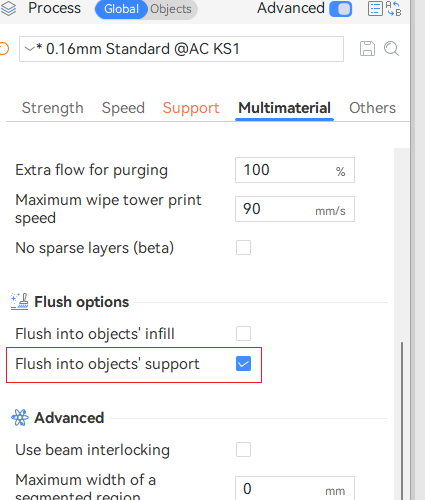 Section Flush options : Flush into objects' infill / support