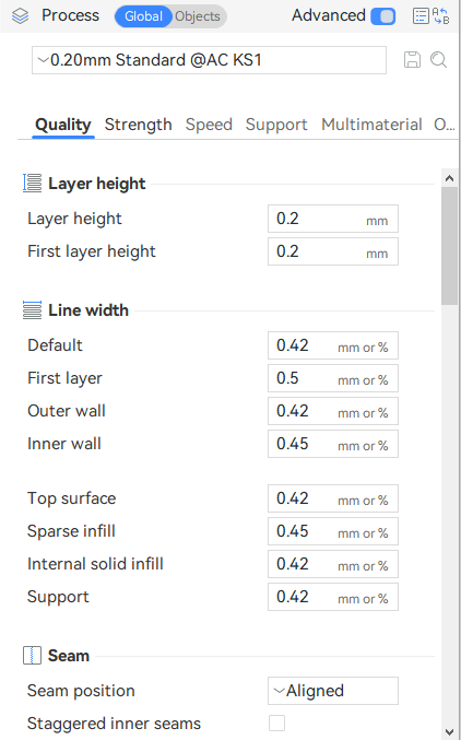 Panneau Qualité d'Anycubic Slicer Next : Layer height et First layer height