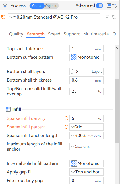 Panneau Solidité : Sparse infill density et Sparse infill pattern