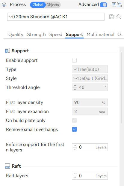 Panneau Supports : Type Tree(auto), Style, Threshold angle